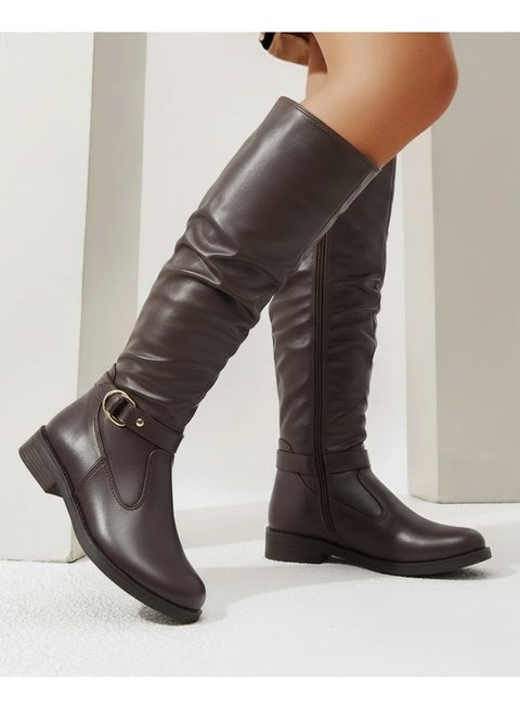 حذاء طويل من الجلد المريح LB-43 - بني